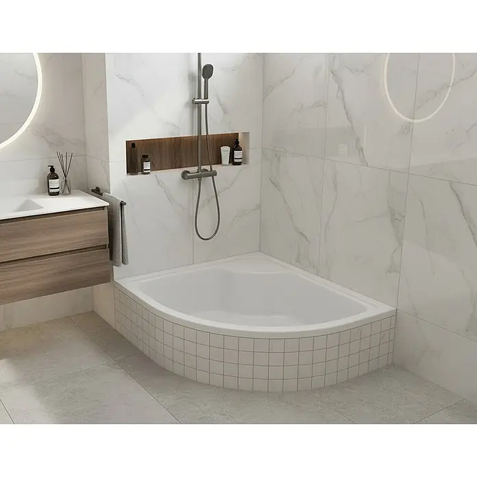 Bad Land Duschwanne DORIS Duschwanne viertelkreis 80 x 80 cm Weiß, mit Ablauf und Füßen - Kunststoff, Weiß - Modernes Bad mit weißer Eckbadewanne, Dusche und Holzwaschtisch.