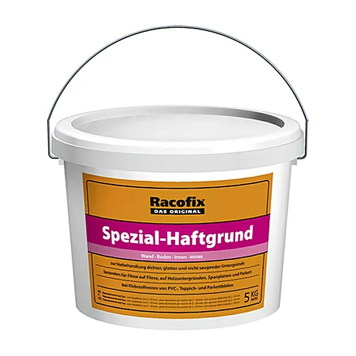 Racofix Haftgrund - 5 kg - Abgebildet ist ein Eimer Racofix Spezial-Haftgrund, ein Vorbehandlungsmittel für dichte, glatte Untergründe, ideal für Fliesen, Holz und Parkett.