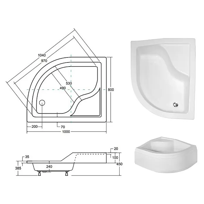 Bad Land Duschwanne MAXI Duschwanne asymmetrisch 100 x 80 cm Links Weiß, mit Ablauf und Füßen - Kunststoff, Weiß - Weiße Viertelkreis-Duschwanne mit integriertem Sitz.