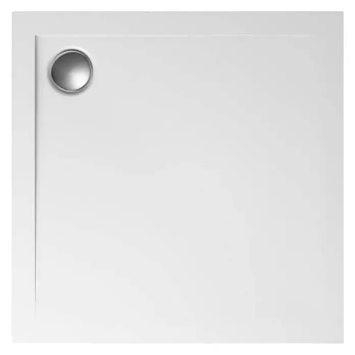 Bad Land Duschwanne GEOS Duschwanne quadratisch 100 x 100 cm Weiß Steinoptik, mit Ablauf - L x B: 100 x 100 cm, Kunststoff, Weiß, Steinoptik - Quadratische weiße Duschwanne mit rundem Chrom-Ablaufdeckel oben links.
