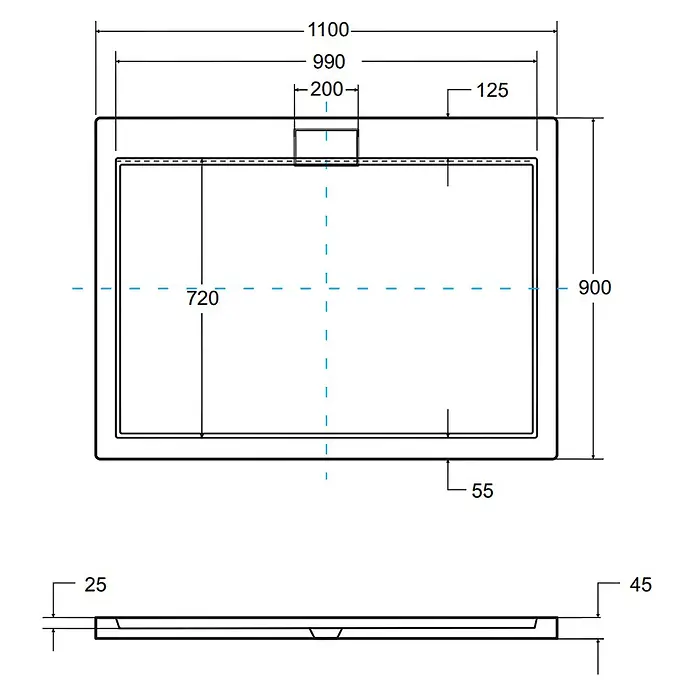 Bad Land Duschwanne AXIM SLIM Duschwanne rechteckig 110 x 90 cm Schwarz Steinoptik, mit Ablauf - Kunststoff, Schwarz, Steinoptik - Technische Zeichnung einer rechteckigen Duschwanne, 1100x900mm, mit Draufsicht, Seitenansicht und mittigem Abfluss.