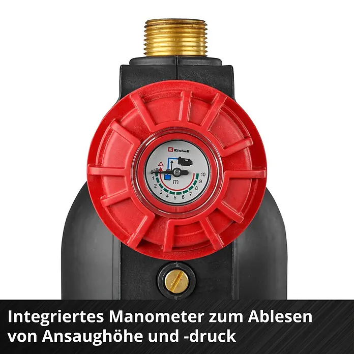 Einhell PXC 18V Akku-Gartenpumpe Aqinna 18/30 F LED Automatic - 18 V, Li-Ionen, Ohne Akku, Max. Fördermenge: 3.000 l/h - Integriertes Manometer (rot, schwarz) mit goldenem Gewinde zur Anzeige von Ansaughöhe und Druck.