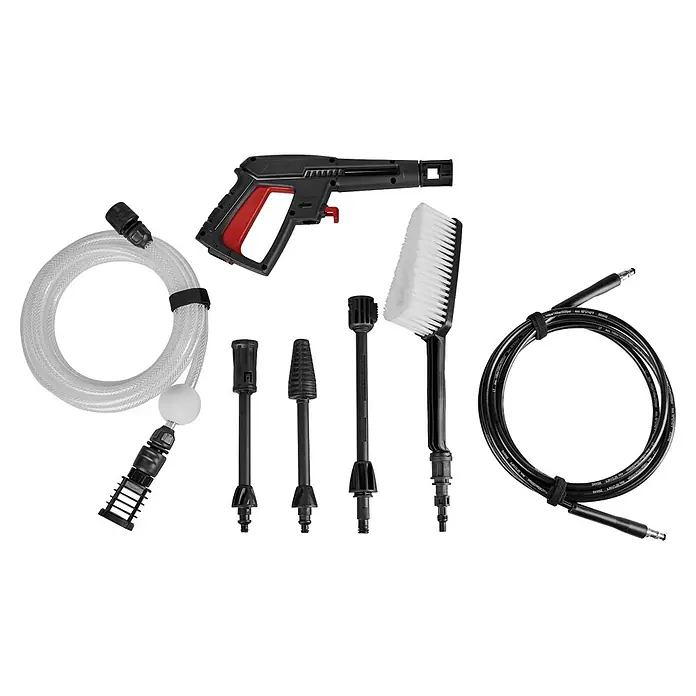 Einhell PXC 18V Akku-Hochdruckreiniger Hypresso 36/105 - 36 V, Ohne Akku - Schwarzes und transparentes Hochdruckreiniger-Zubehörset: Sprühpistole, Schläuche, Düsen und Bürste.