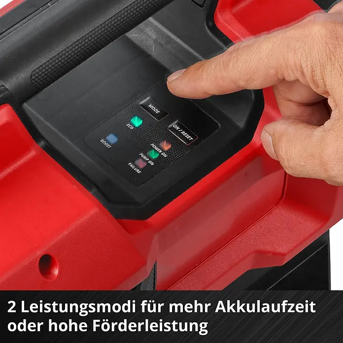 Einhell PXC 18V Akku-Gartenpumpe Aqinna 18/30 F LED Automatic - 18 V, Li-Ionen, Ohne Akku, Max. Fördermenge: 3.000 l/h - Rotes und schwarzes Gerät mit Bedienfeld. Eine Hand drückt einen Knopf, während die ECO- und POWER ON-Anzeigen leuchten, 2 Leistungsmodi verfügbar.