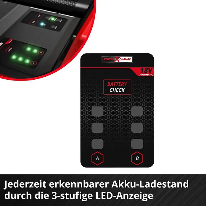 Einhell PXC 18V Akku-Gartenpumpe Aqinna 18/30 F LED Automatic - 18 V, Li-Ionen, Ohne Akku, Max. Fördermenge: 3.000 l/h - Schwarzes Akku-Ladegerät/Werkzeugteil mit grünen LED-Akkustandsanzeigen, die eine 3-stufige Anzeige für Leistungs- und Akkukontrolle zeigen.