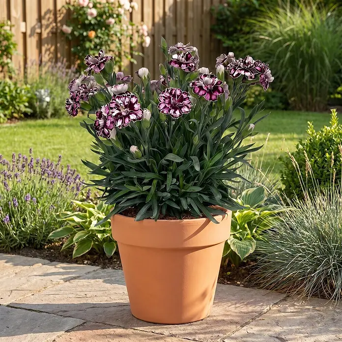 Piardino Garten-Bart-Nelke - Dianthus caryophyllus 'Capitán® Diaz', Topfgröße: 23 cm, Rosa - Eine lebendige Dianthus-Pflanze mit violett-weißen Blüten und grünem Laub steht in einem Terrakottatopf auf einer Steinplatte im sonnigen Garten.