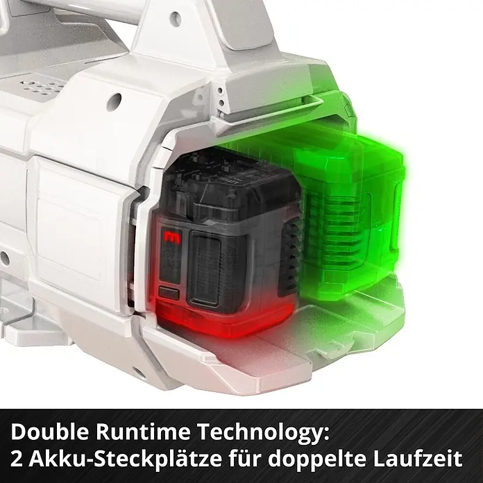 Einhell PXC 18V Akku-Gartenpumpe Aqinna 18/30 F LED Automatic - 18 V, Li-Ionen, Ohne Akku, Max. Fördermenge: 3.000 l/h - Weißes Gerät mit zwei Akku-Steckplätzen; einer mit rot leuchtendem Akku, der andere mit grün leuchtendem, für doppelte Laufzeit.