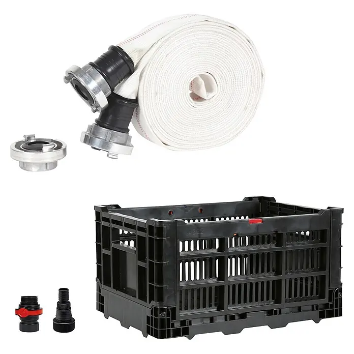 Einhell Schmutzwasserpumpe Flutset GE-DP 7535 - Max. Fördermenge: 18.500 l/h, Eintauchtiefe: 7 m - Sortiment an Wasserschlauchzubehör: aufgerollter weißer Feuerwehrschlauch mit Metallanschlüssen, schwarze Plastik-Lagerkiste und zwei kleine schwarze Schlauchadapter.