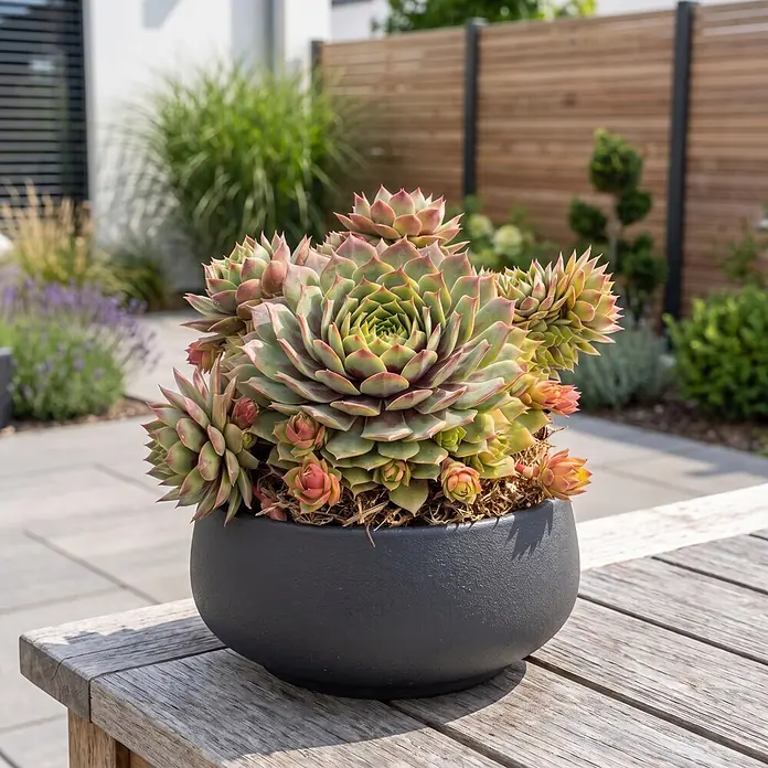 Piardino Hauswurz - Sempervivum Hybrid Chick Charms®, Topfgröße: 13 cm, Grün/Rot - Runder, schwarzer Pflanztopf mit farbigen Sukkulenten auf einem verwitterten Holztisch im Freien.