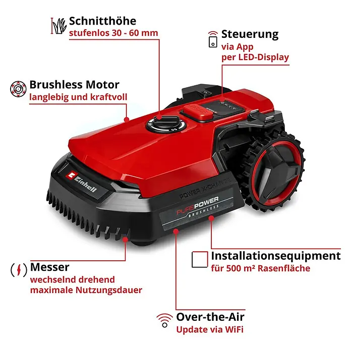 Einhell Power X-Change 18V Mähroboter Freelexo 500 - 500 m², Schnittbreite: 18 cm, Induktionsgestützte Navigation, Begrenzungskabel - Rot-schwarzer Mähroboter mit bürstenlosem Motor, einstellbarer Schnitthöhe und App-Steuerung.