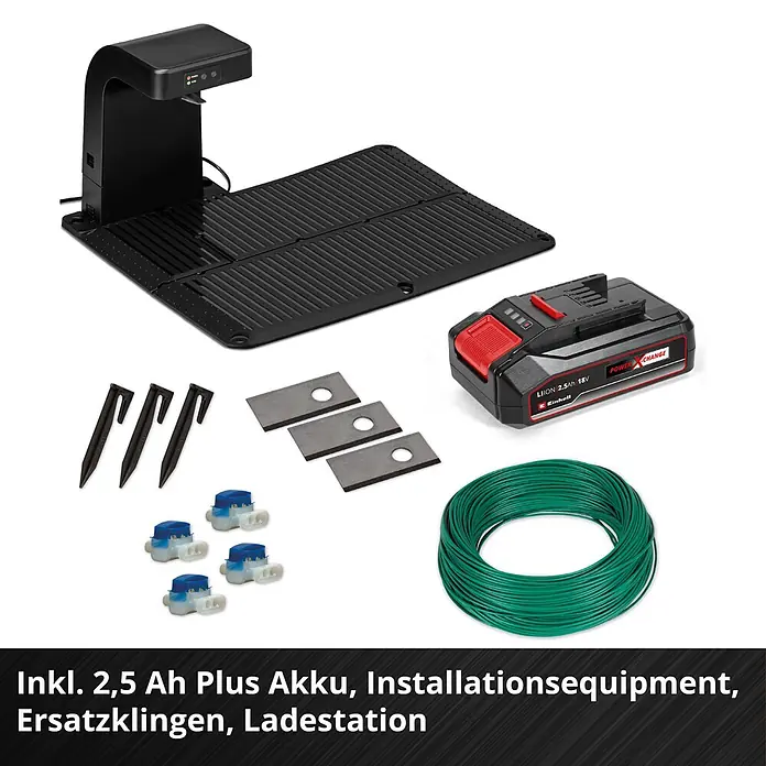 Einhell Power X-Change 18V Mähroboter Freelexo 500 - 500 m², Schnittbreite: 18 cm, Induktionsgestützte Navigation, Begrenzungskabel - Ladestation für Rasenroboter, 2,5 Ah Akku, Installationskit (Erdnägel, Verbinder, Kabel) und 3 Ersatzklingen.