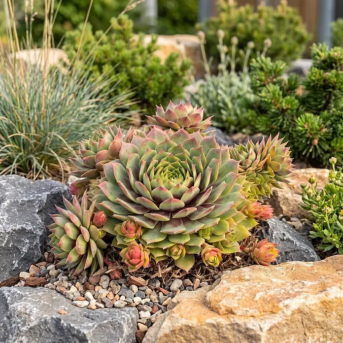 Piardino Hauswurz - Sempervivum Hybrid Chick Charms®, Topfgröße: 13 cm, Grün/Rot - Eine Gruppe grün-rosa Sukkulentenrosetten (Sempervivum) in einem Steingarten, umgeben von grauen und beigen Steinen, Kies und anderen Pflanzen.
