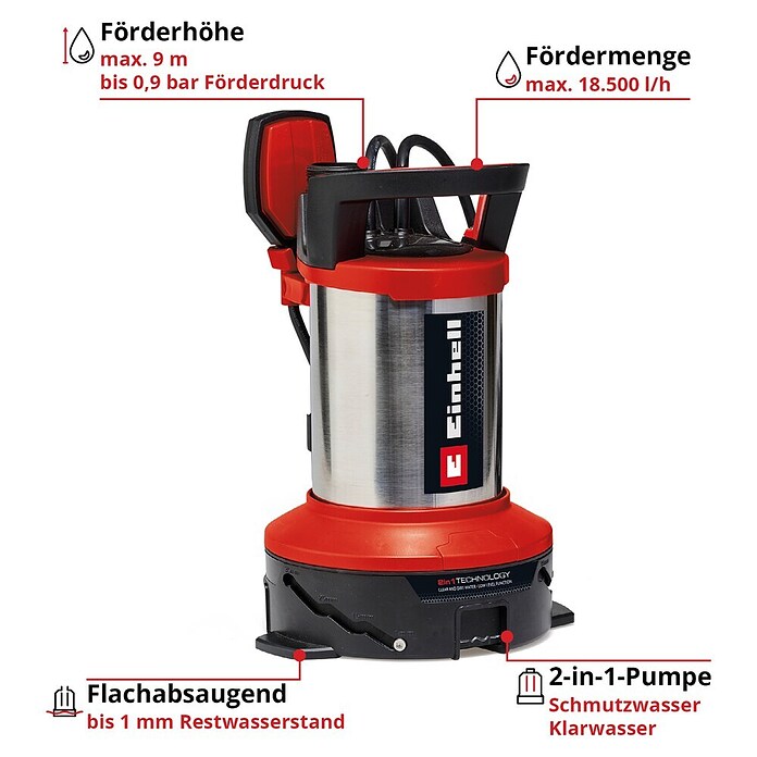 Einhell Bomba para aguas residuales Flutset GE-DP 7535 (Capacidad de bombeo máx.: 18.500 l/h, Profundidad de inmersión: 7 m) | BAUHAUS