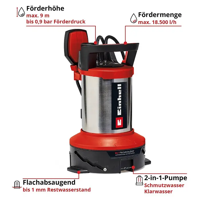 Einhell Schmutzwasserpumpe Flutset GE-DP 7535 - Max. Fördermenge: 18.500 l/h, Eintauchtiefe: 7 m - Rote und silberne Einhell 2-in-1 Tauchpumpe für Klar- und Schmutzwasser mit Flachabsaugfunktion.