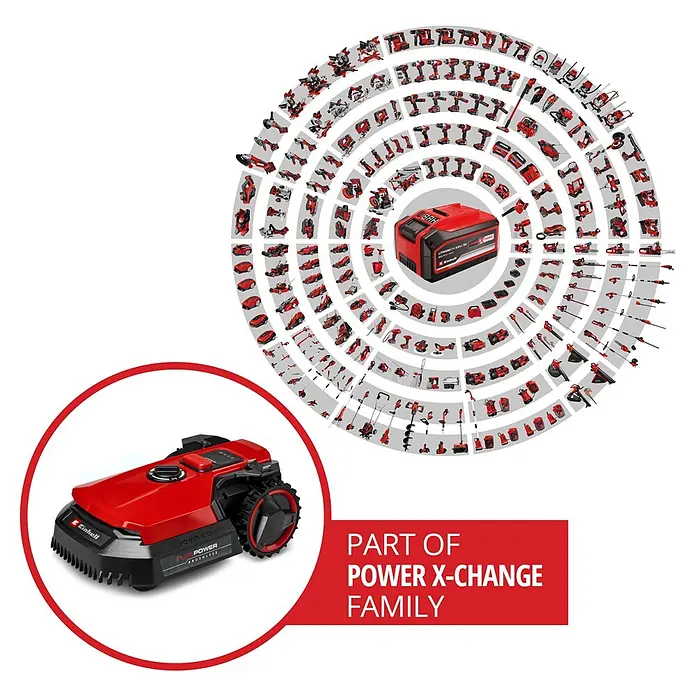 Einhell Power X-Change 18V Mähroboter Freelexo 500 - 500 m², Schnittbreite: 18 cm, Induktionsgestützte Navigation, Begrenzungskabel - Roter und schwarzer Mähroboter, Teil der Einhell Power X-Change Familie.