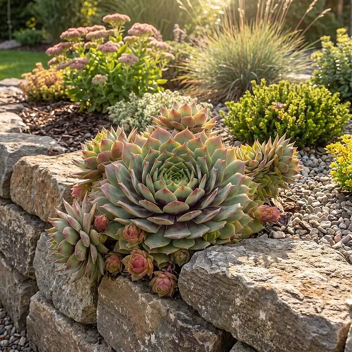 Piardino Hauswurz - Sempervivum Hybrid Chick Charms®, Topfgröße: 13 cm, Grün/Rot - Große grüne und rote Sukkulente wächst aus einer Steinmauer in einem sonnigen Garten mit Kies und anderen Pflanzen.