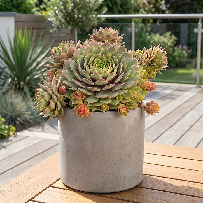 Piardino Hauswurz - Sempervivum Hybrid Chick Charms®, Topfgröße: 13 cm, Grün/Rot - Ein grauer Betonkübel mit grünen und rötlich-rosa Sempervivum-Sukkulenten, der auf einem hellen Holztisch im Freien steht.