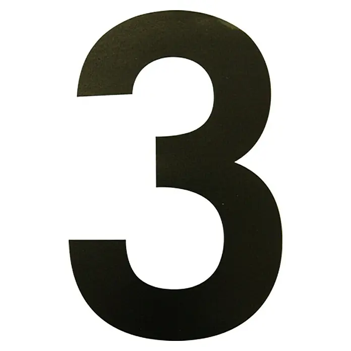 Folienzeichen - Zahl 3, 10 cm, PVC, Schwarz - Nahaufnahme der schwarzen Zahl 3 vor einem weißen Hintergrund, die eine einfache und elegante Typografie zeigt.