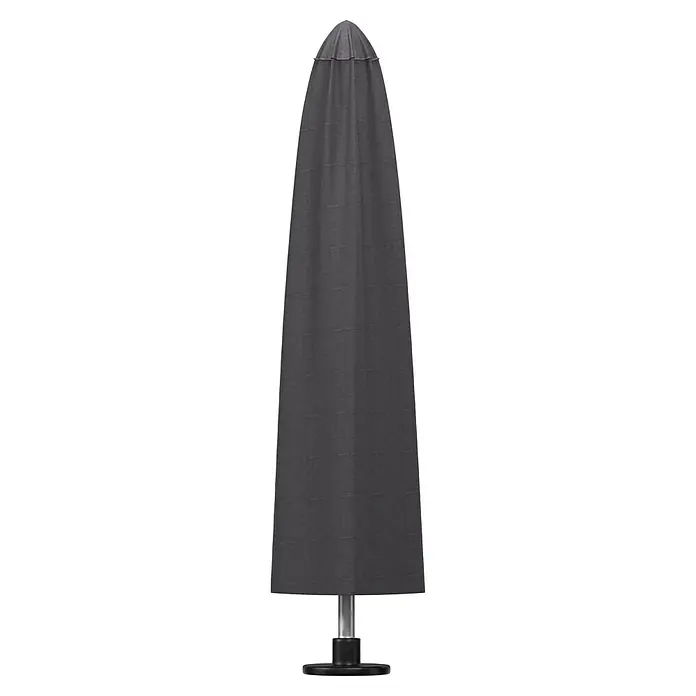 SENSUM Schirm-Schutzhülle - Kunststoff, Passend für: Schirme bis Ø 400 cm - Dunkelgraue Stoff-Sonnenschirmhülle mit spitzem Oberteil und schwarzem Fuß.