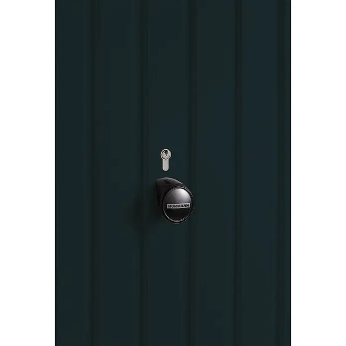 Hörmann Garagentor Berry N80 M902 - 2.500 x 2.125 mm, Anthrazitgrau, Glatt - Dunkle Türplatte mit silbernem Schlüsselloch und schwarzem HÖRMANN Griff.