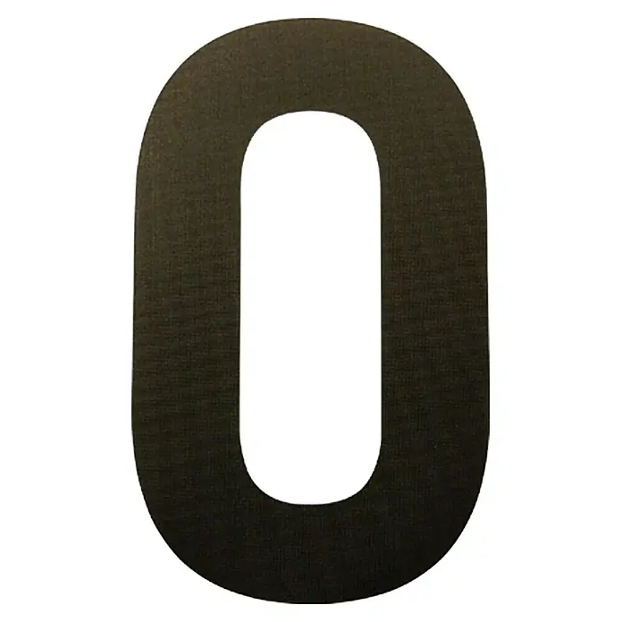 Folienzeichen - Buchstabe O, 10 cm, PVC, Schwarz - Das Bild zeigt eine stilisierte, schwarze Null mit einer subtilen Textur, die auf einem weißen Hintergrund dargestellt ist.