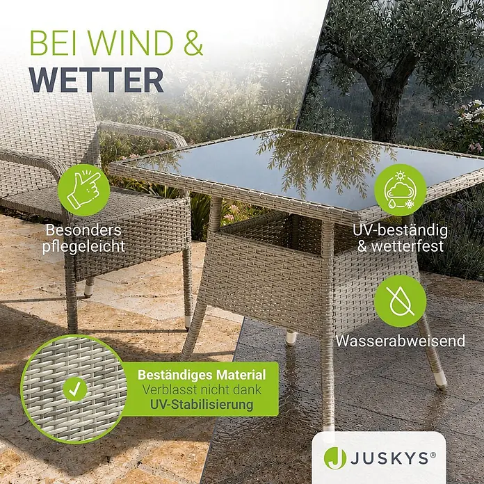 Juskys Gartentisch Yoro - L x B x H: 80 x 80 x 73 cm, Polyrattan, Grau - Graues Polyrattan-Gartenmöbel-Set (Stuhl & Tisch) auf einer Terrasse, hervorgehoben als wetterfest, UV-stabil und pflegeleicht.