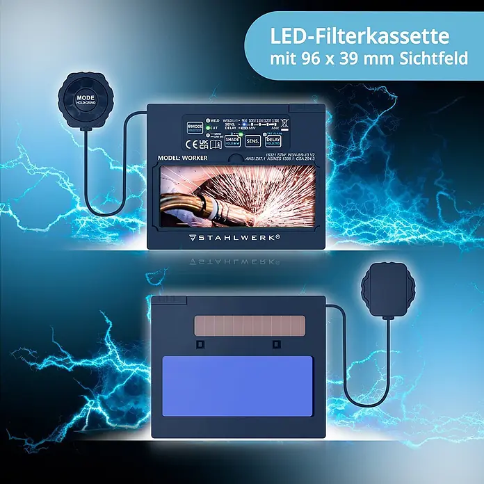 STAHLWERK Schweißhelm Schweißhelm WORKER - Schwarz - Dunkelblaue LED-Filterkassette für Schweißhelme mit Fernbedienung, 96x39mm Sichtfeld und Schweißeinstellungen.
