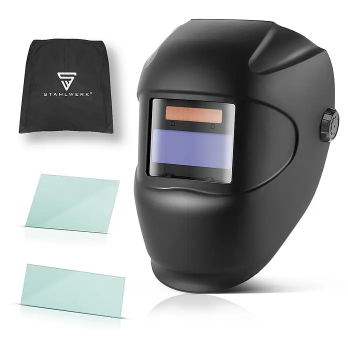 STAHLWERK Schweißhelm Schweißhelm ROOKIE - Schwarz - Schwarzer Schweißhelm mit Automatik-Blendschutz, Schutzbeutel und zwei klaren Ersatzscheiben.