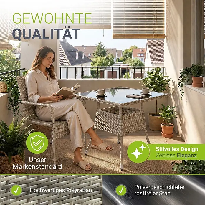 Juskys Gartentisch Yoro - L x B x H: 80 x 80 x 73 cm, Polyrattan, Grau - Polyrattan Balkonmöbel-Set mit Tisch und Stuhl, aus pulverbeschichtetem Edelstahl, auf einem Balkon genutzt.