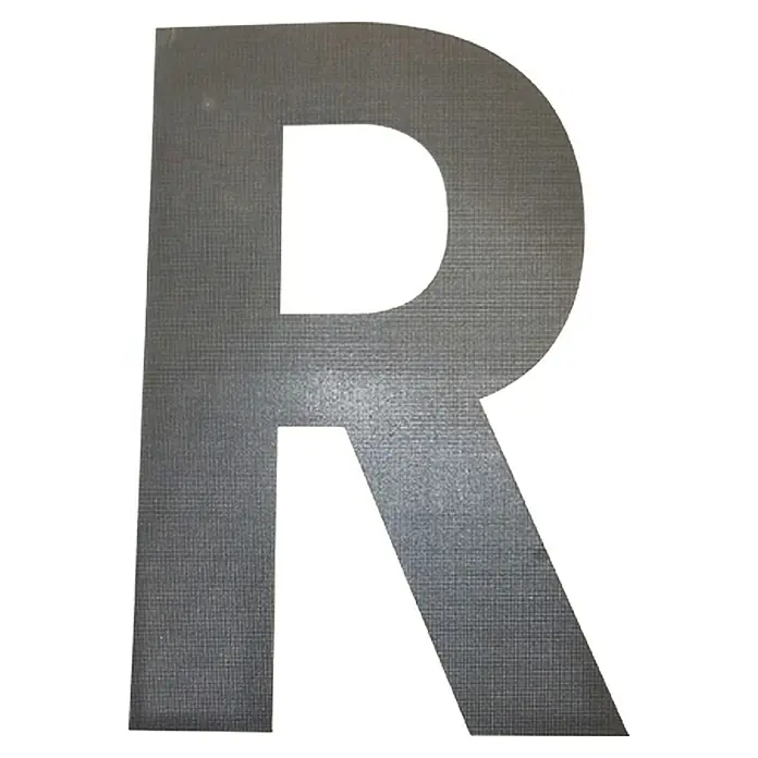 Folienzeichen - Buchstabe R, 10 cm, PVC, Schwarz - Nahaufnahme des Buchstabens "R" in Grau, der eine schlichte und moderne Ästhetik für diverse Designprojekte bietet.