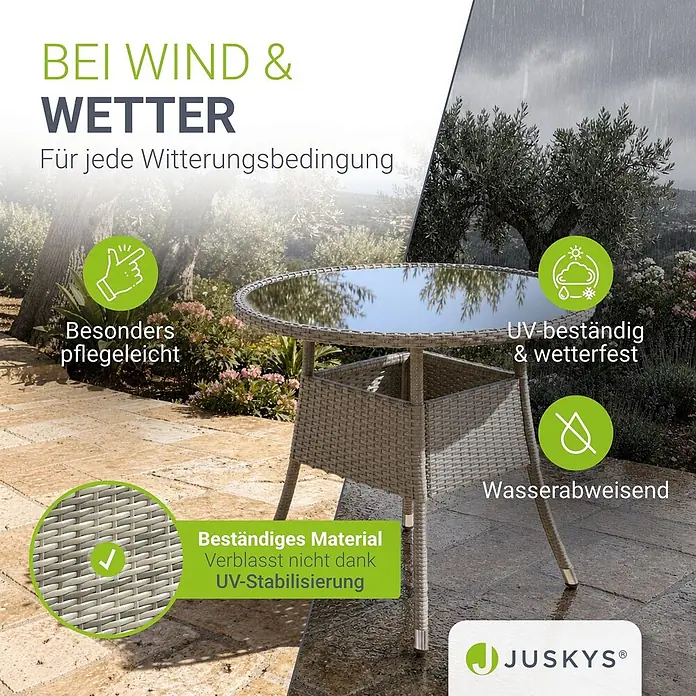 Juskys Gartentisch rund Yoro - Ø x H: 80 x 73 cm, Polyrattan, Grau - Wetterfester, grau-beiger Gartentisch in Rattan-Optik mit runder Glasplatte für den Außenbereich.