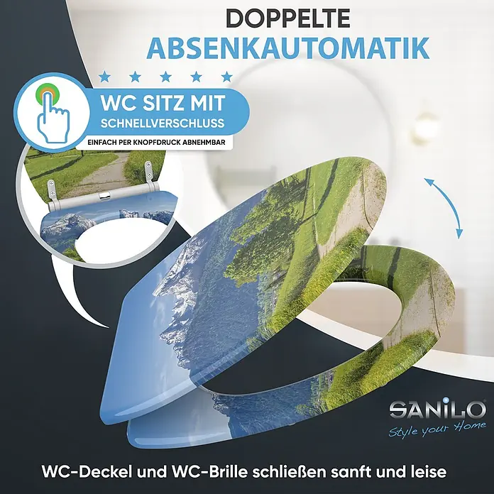SANILO WC-Sitz Alpen mit Absenkautomatik - MDF, Grün, Mit Absenkautomatik - WC-Sitz mit Landschaftsprint, doppelter Absenkautomatik und Schnellverschluss zur einfachen Demontage.