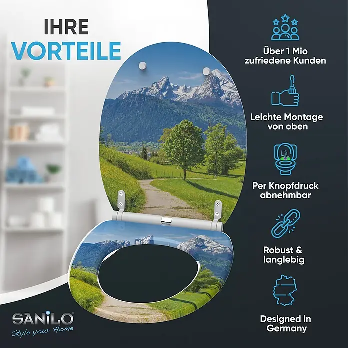 SANILO WC-Sitz Alpen mit Absenkautomatik - MDF, Grün, Mit Absenkautomatik - Toilettensitz mit Berg- und Naturlandschafts-Druck, der Produktvorteile hervorhebt.