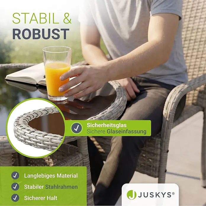 Juskys Gartentisch rund Yoro - Ø x H: 80 x 73 cm, Polyrattan, Grau - Heller grauer Polyrattan Gartentisch mit dunkler Glasplatte und Stuhl, im Freien genutzt. Betont Haltbarkeit und stabile Bauweise.