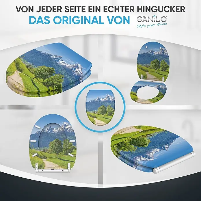 SANILO WC-Sitz Alpen mit Absenkautomatik - MDF, Grün, Mit Absenkautomatik - Toilettensitz mit lebendigem Berglandschaftsdruck, aus verschiedenen Blickwinkeln gezeigt.