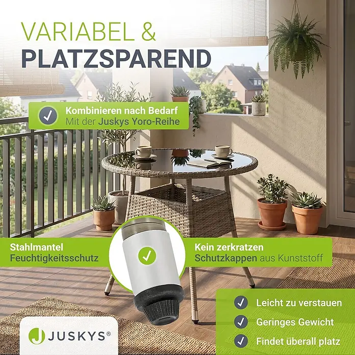 Juskys Gartentisch rund Yoro - Ø x H: 80 x 73 cm, Polyrattan, Grau - Juskys Balkontisch auf einem Balkon, der sein platzsparendes Design, Stahlgestell und schützende Kunststoffkappen hervorhebt.