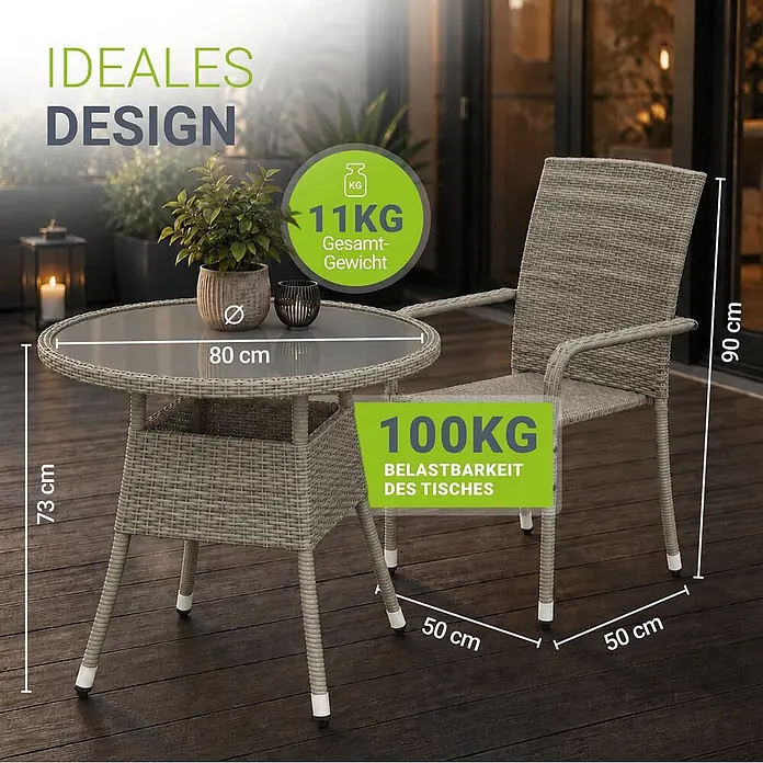 Juskys Gartentisch rund Yoro - Ø x H: 80 x 73 cm, Polyrattan, Grau - Beiges Polyrattan-Balkonmöbelset mit rundem Tisch (80cm) und Stuhl. Gesamtgewicht 11kg, Tisch belastbar bis 100kg.