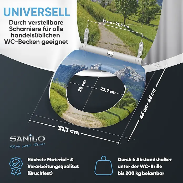 SANILO WC-Sitz Alpen mit Absenkautomatik - MDF, Grün, Mit Absenkautomatik - WC-Sitz mit Naturbild-Druck, verstellbaren Scharnieren und hoher Belastbarkeit bis 200 kg.
