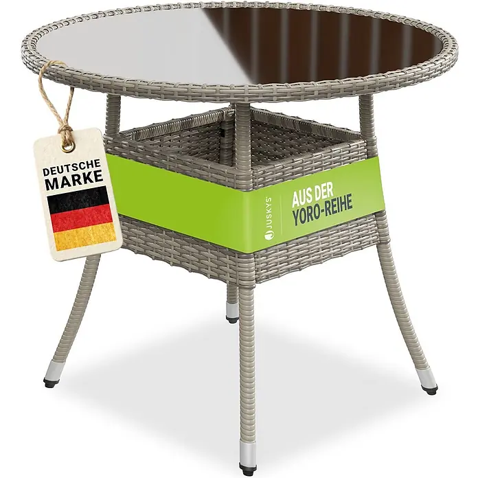 Juskys Gartentisch rund Yoro - Ø x H: 80 x 73 cm, Polyrattan, Grau - Hellgrauer Polyrattan-Bistrotisch mit runder Glasplatte und integriertem Ablagekorb.