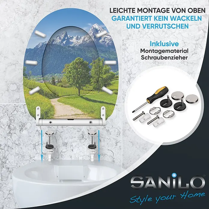 SANILO WC-Sitz Alpen mit Absenkautomatik - MDF, Grün, Mit Absenkautomatik - Toilettensitz mit Berg- und Waldmotiv, dargestellt mit Top-Fix-Befestigungsmaterial und einem Schraubenzieher zur einfachen Montage.
