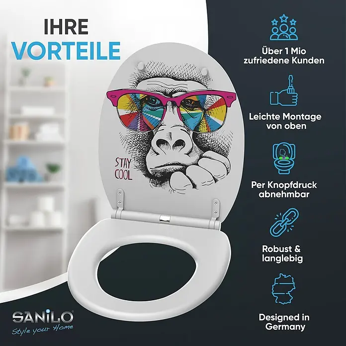 SANILO WC-Sitz Stay Cool mit Absenkautomatik - MDF, Multicolor, Mit Absenkautomatik - Weißer Toilettensitz mit aufklappbarem Deckel und einem coolen Gorilla-Motiv mit Sonnenbrille.