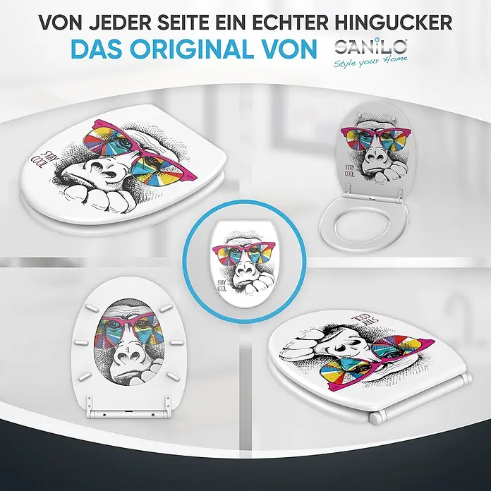SANILO WC-Sitz Stay Cool mit Absenkautomatik - MDF, Multicolor, Mit Absenkautomatik - Weißer WC-Sitz mit coolem Gorilla in bunter Sonnenbrille, aus verschiedenen Blickwinkeln gezeigt.