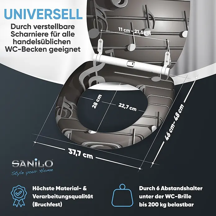 SANILO WC-Sitz Musical Notes mit Absenkautomatik - MDF, Grau, Mit Absenkautomatik - Dunkler WC-Sitz mit Notenmuster, universell passend durch verstellbare Scharniere, Maße, hochwertige Qualität und 200 kg Belastbarkeit werden gezeigt.