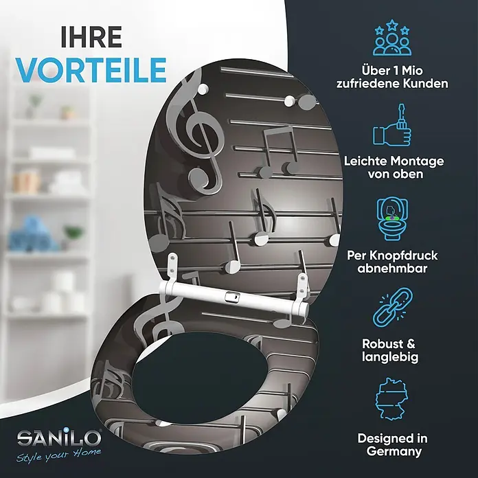 SANILO WC-Sitz Musical Notes mit Absenkautomatik - MDF, Grau, Mit Absenkautomatik - Schwarzer Toilettensitz mit silbernen Noten und Notenschlüssel-Design, einfach abnehmbar und robust.