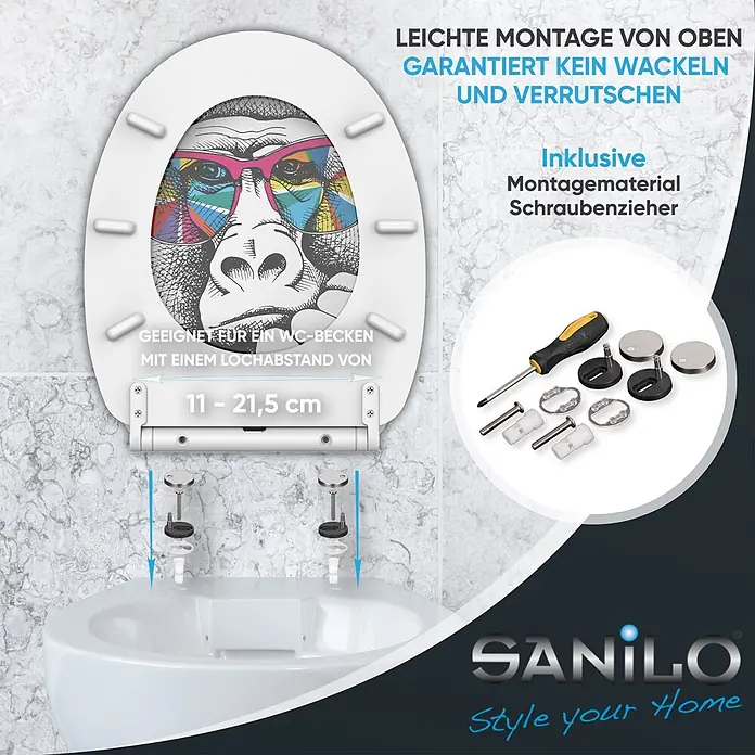 SANILO WC-Sitz Stay Cool mit Absenkautomatik - MDF, Multicolor, Mit Absenkautomatik - Weißer Toilettensitz mit Gorilla-Design (bunte Brille). Inklusive Montageset und Schraubendreher zur einfachen Installation von oben.