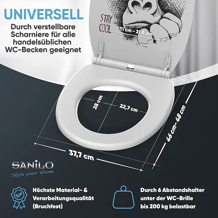 SANILO WC-Sitz Stay Cool mit Absenkautomatik - MDF, Multicolor, Mit Absenkautomatik - Weißer WC-Sitz mit Gorilla-Design auf dem Deckel. Universell passend dank verstellbarer Scharniere, bruchfest, bis 200 kg belastbar.