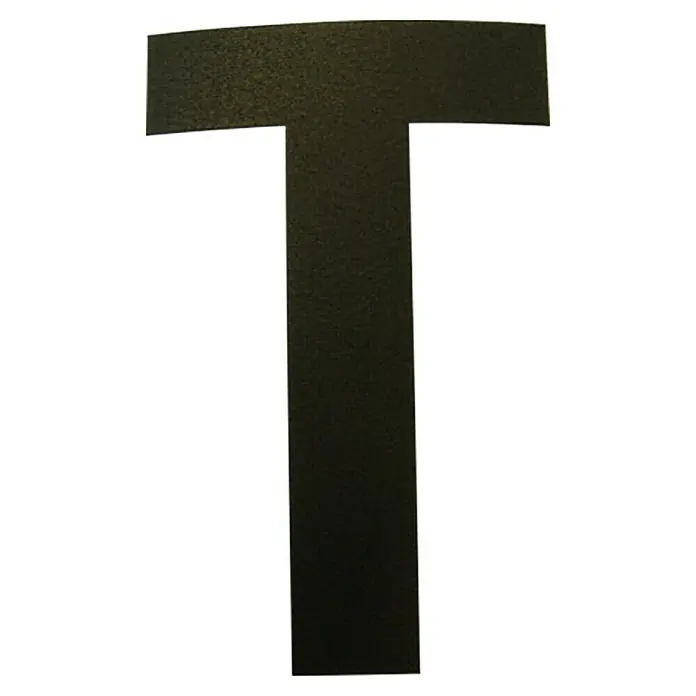 Folienzeichen - Buchstabe T, 10 cm, PVC, Schwarz - Das Bild zeigt den Buchstaben "T" in dunkler Farbe vor einem weißen Hintergrund, ideal für Design- und Bildungszwecke.