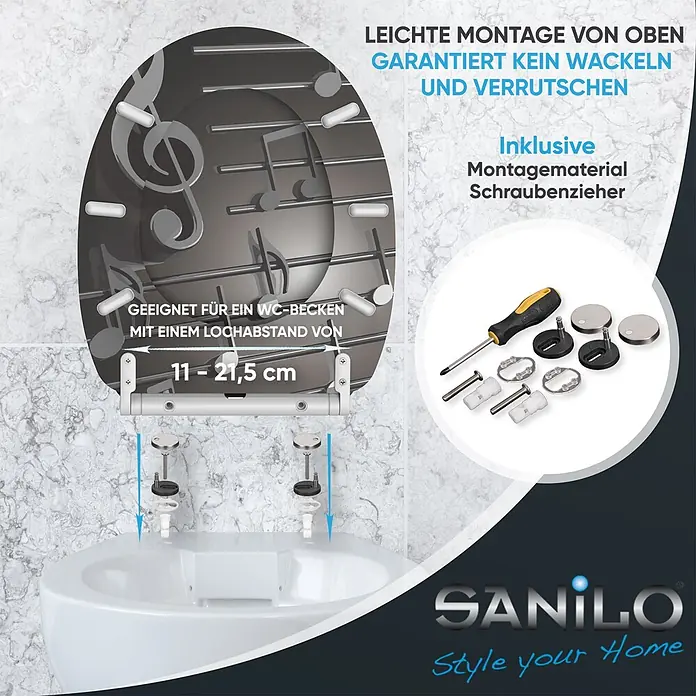 SANILO WC-Sitz Musical Notes mit Absenkautomatik - MDF, Grau, Mit Absenkautomatik - WC-Sitz mit Notenmuster, einfache Top-Montage, verstellbare Befestigung (11-21,5cm). Inkl. Montagematerial und Schraubendreher.