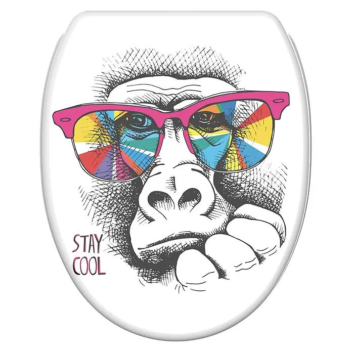 SANILO WC-Sitz Stay Cool mit Absenkautomatik - MDF, Multicolor, Mit Absenkautomatik - Toilettensitz mit skizziertem Gorilla, bunter Sonnenbrille und „STAY COOL“-Schriftzug.