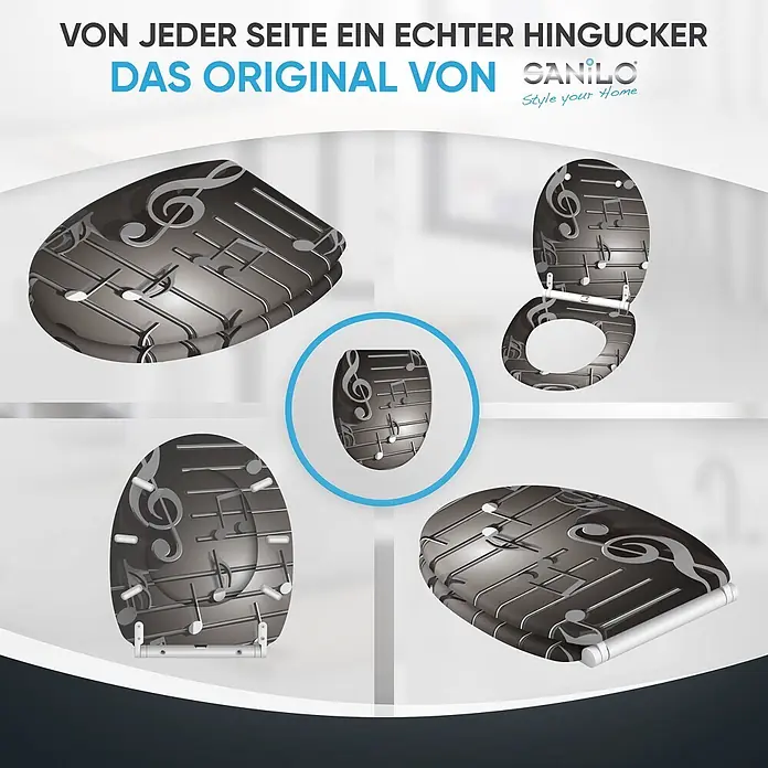 SANILO WC-Sitz Musical Notes mit Absenkautomatik - MDF, Grau, Mit Absenkautomatik - Dunkelgrauer Toilettensitz mit silbernem Notenmuster, aus verschiedenen Blickwinkeln gezeigt.